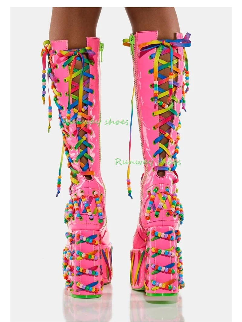 Hot Pink Patent Knee High Platform Boots Rainbow Lace Up Kandi Beaded Chunky Block Heel Boots Side Zipper Y2K Rave Goth Shoes