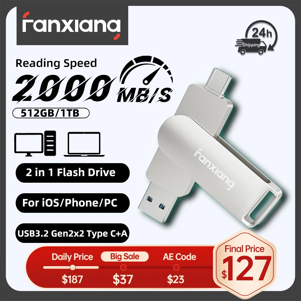 

Fanxiang FF956 2000MB/s USB Flash Drive 512GB/1TB/2TB 20Gbps Type-C+10Gbps USB-A High Speed Solid State Drive For Windows Phone