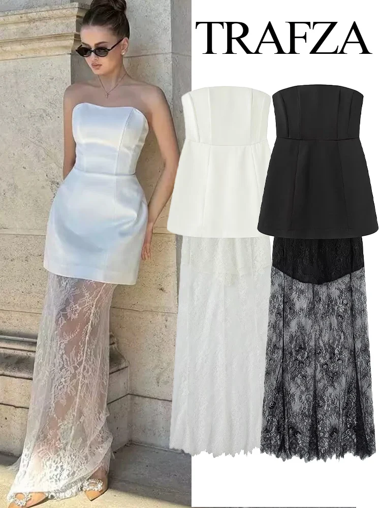 

TRAFZA Women's Fashion Sexy Waisted Strapkin Vest High Waist Lace Long Skirt Set Female Elegant Solid Party Banquet Skirt Suit
