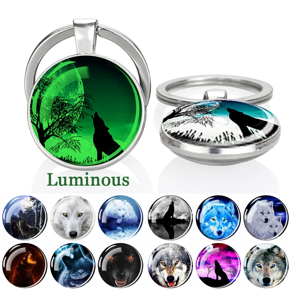 Wolf Key Chain Glow In The Dark Howling Wolf Head and Moon Keyring Double Side Glass Cabochon Keychain Pendant Luminous Key Ring