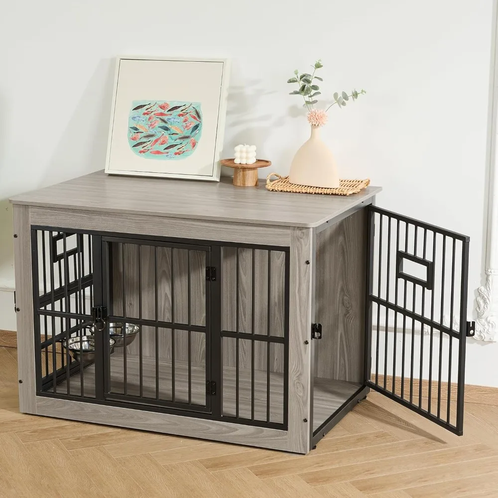 

Dog Crate Furniture for Medium Dogs, 38.8 Inch Dog Kennel Indoor, Wooden Dog Cage End Table with 2 Removable Bowls, Heavy Duty