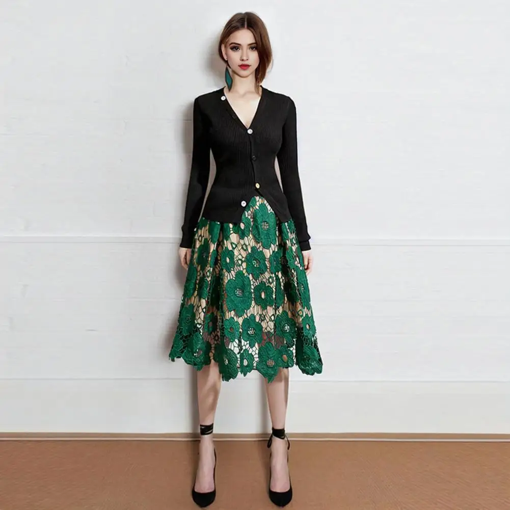 Elegante Sommer Boho Spitze Röcke Frauen Vintage Blumen Spitze Mesh aushöhlen große Schaukel Party Midi Rock elastische Taille A-Linie Rock