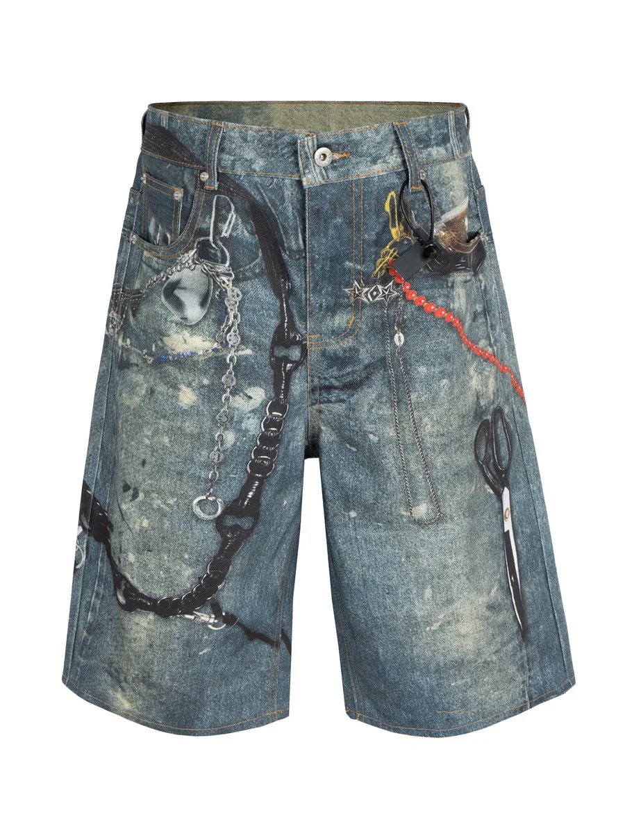 

Джинсы AC Sle в американском уличном стиле с цифровым принтом, свободные, с цепочкой, повседневные, модные, прямого кроя, с высокой талией, укороченные, с пятью карманами.