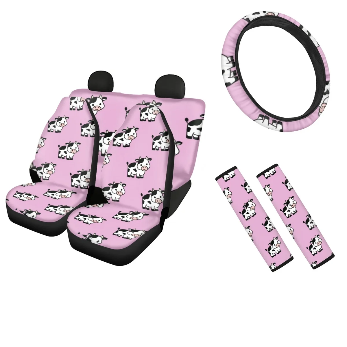 

Pink Cute Calf Interior Car Seat Covers Full Set Vehicle Seat Protector Steering Wheel Sweat Absorption Comfort Seatbelt Cover