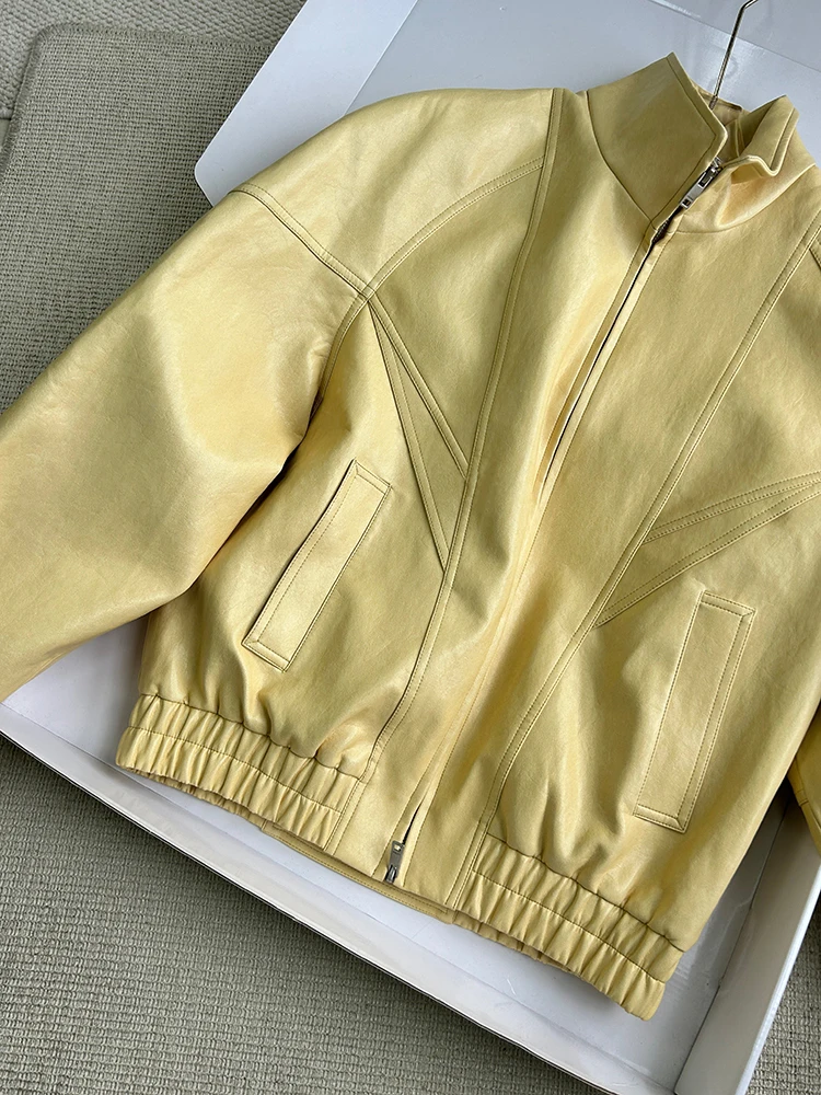 Lautaro Frühling Herbst Gelbe PU-Lederjacke für Damen mit Reißverschluss, Langarm, Looe Casual Luxus Designer Amerikanische Retro-Kleidung 2026 – Detail 5