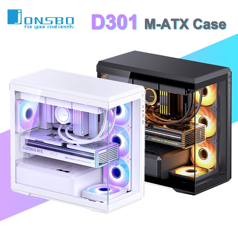 

Jonsbo D301 M-ATX ITX Case Pillarless Sea View Room Desktop Computer Chassis 360 Water Cooler Type-c USB Interface 10 Fan Slots