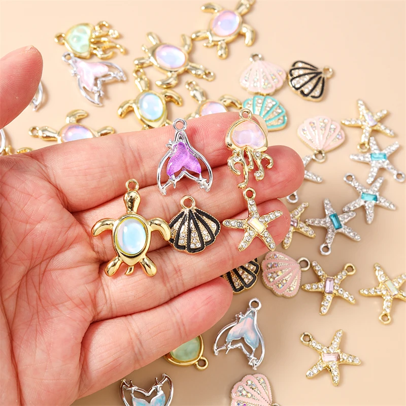 20pcs Cute Crystal Marine Life Turtle Shell Fish Tail Charms Pendants for Jewelry Making Earrings Necklaces DIY Crafts Supplies