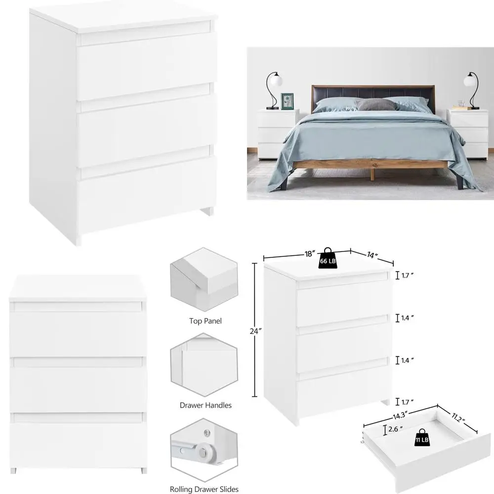 

3-Drawer Wooden Bedside Table with Storage, Small Nightstand Cabinet Unit for Bedroom, Sturdy Base, Space-Saving Design