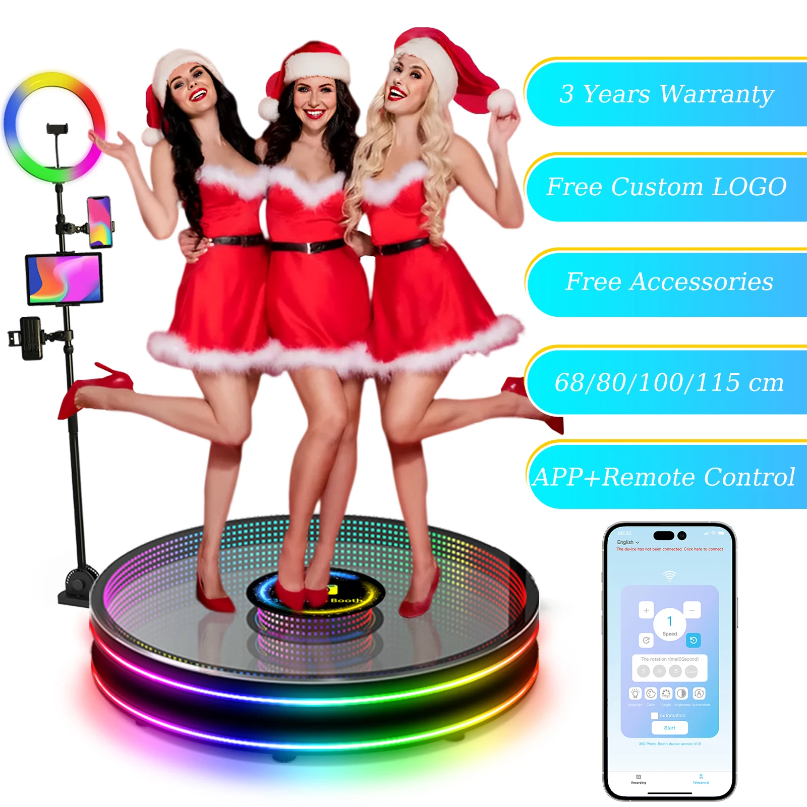 360 Photo Booth Machine 80-100cm with RGB Ring Light, Free Logo, 360 Selfie Video Photo Booth for 1-5 People with Flight Case