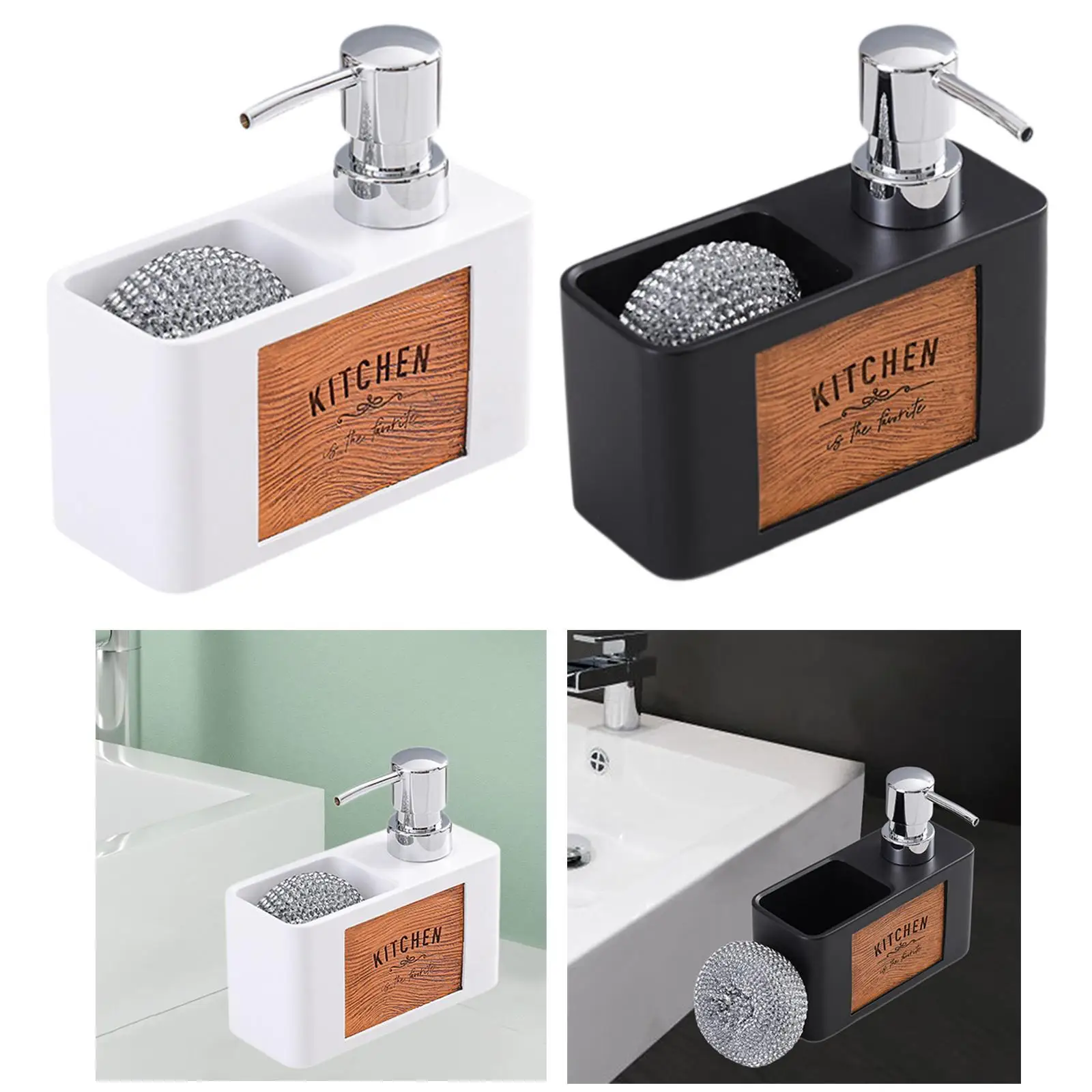 

Kitchen Soap Pump with Holder for Scrubbers And Brush Storage