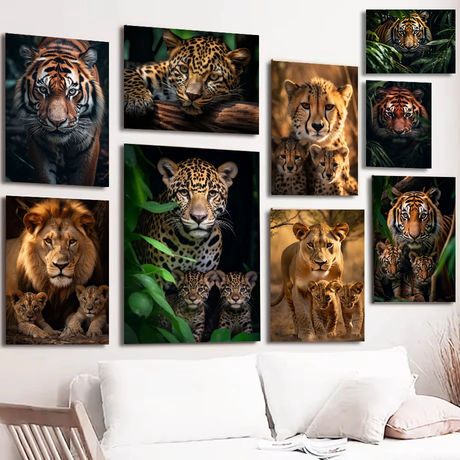 Wild Lion Leopard Tiger Family Art Posters Canvas Art Painting Jungle Lioness with Cubs Posters Wall Art Mural Home Decor