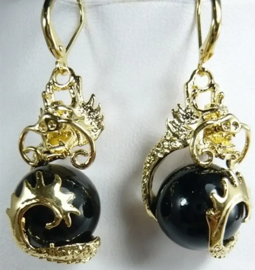 

Fancy 12mm black jade dragon new earrings