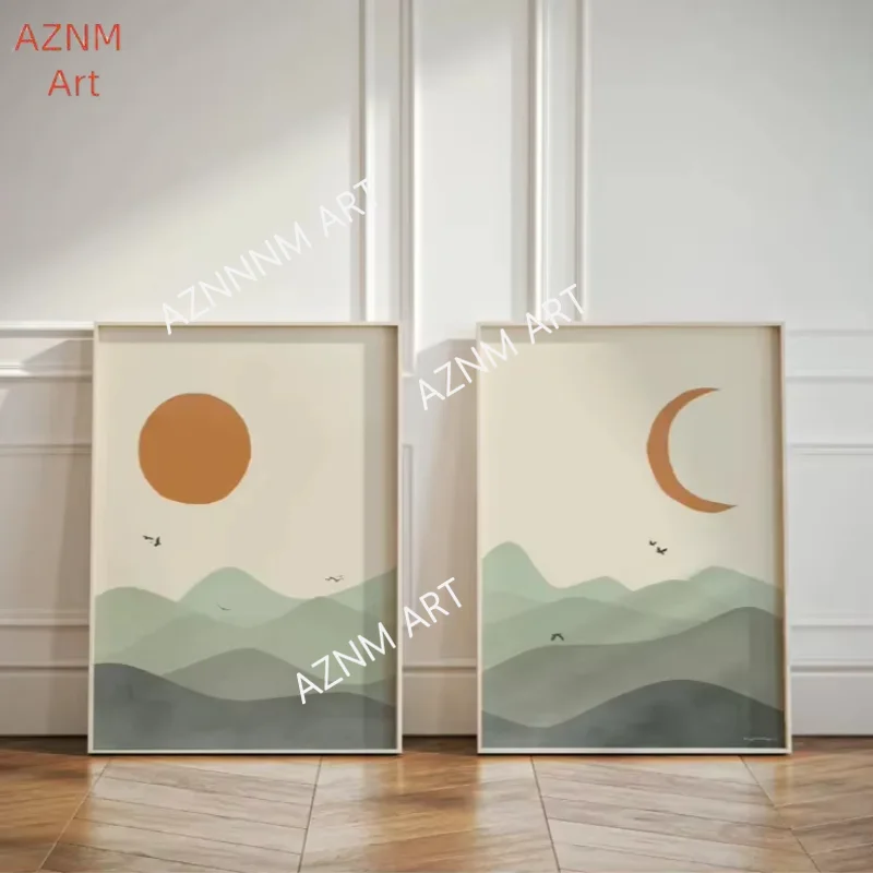 1/2 Stück salbeigrüne Sonne und Mond-Leinwanddruck, abstraktes geometrisches Wandkunst-Poster aus der Mitte des Jahrhunderts für moderne Wohnzimmer- und Heimdekoration