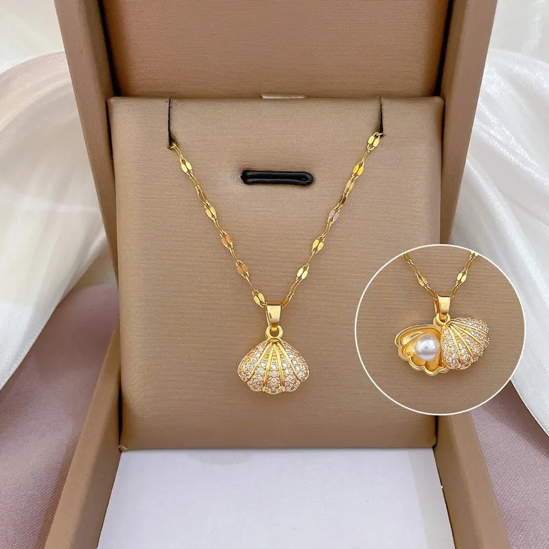 Classical Golden Chain Necklace Zircon Shell Pearl Pave CZ Pendant For Women Fashion Clavicle Delicate Jewelry 2024