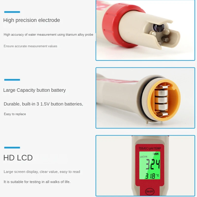 1 PCS 4-In-1 Digital Water Quality Tester Red & White ABS For Pools Aquariums Drinking Water