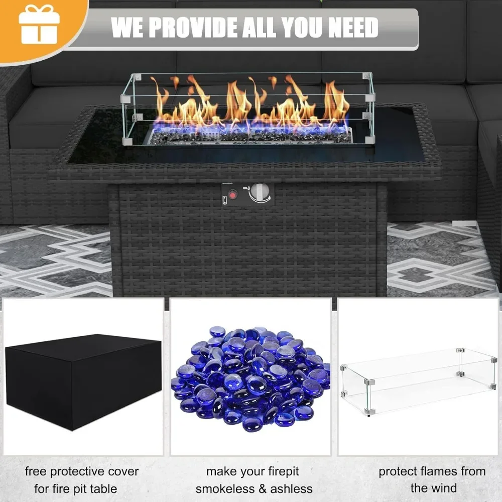 Terrassen möbel 7-teiliges Set mit Feuerstellen tisch, Rattan-Gesprächs sofa mit Couch tisch