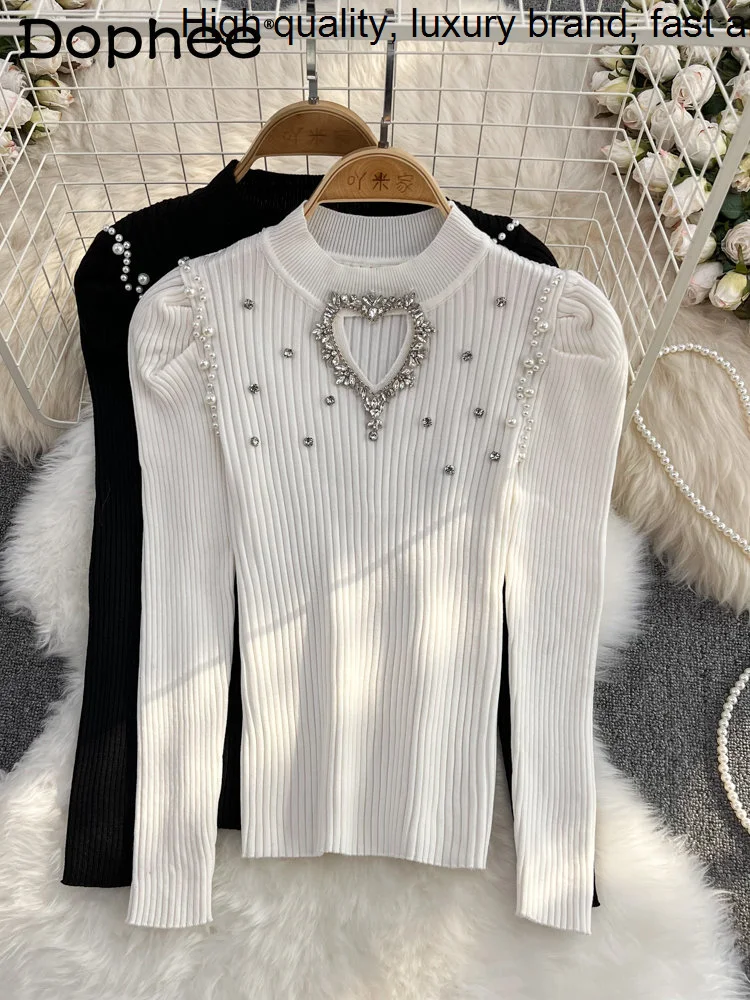 Collar Bubble Stand Long Sleeve Diamond Studded Hollow Knitwear 2023 Autumn New Fashion Black White Short Sweater Top for Women