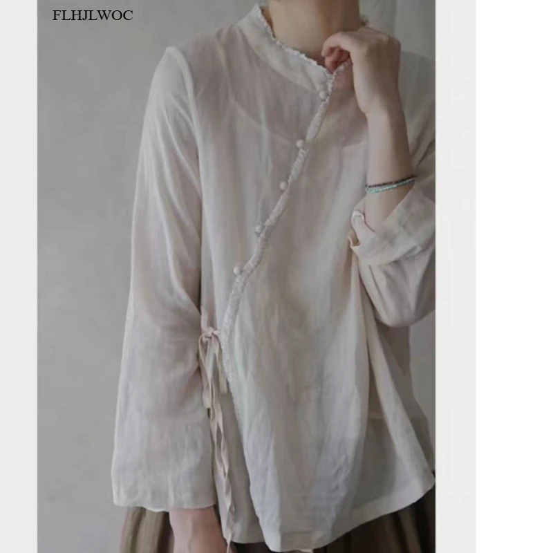 Blusa curta de linho de algodão, aldeia rústica, estilo chinês, fofa, fina, transparente, retrô, vintage, botão superior, camisas brancas