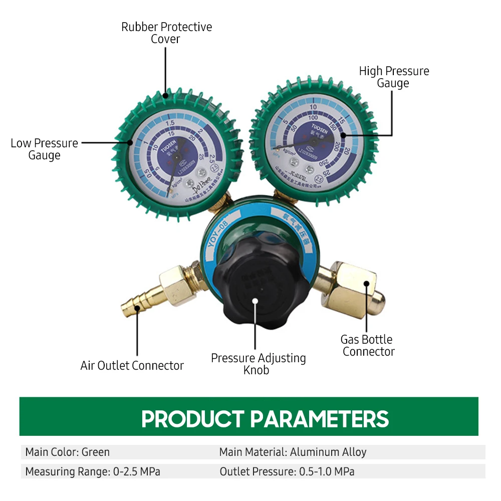 YQY-08 Oxygen Pressure Regulator 0-2.5MPa Welding Gas O2 Pressure Gauge Flow Meter Industrial Oxygen Reducer O2 Reducing Valve