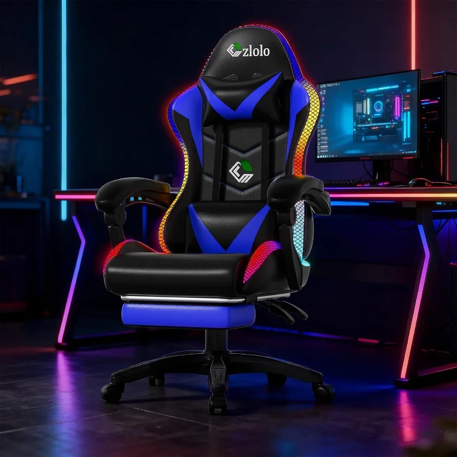 Gaming Chair for Adults and:Racing Style, Black/Blue Fabric, RGB LED Lights, Lumbar Massager, High Back Reclining Computer Chai view 2