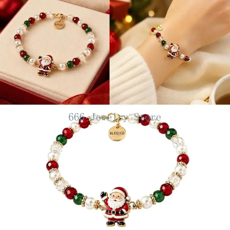F2TD Christmas Bracelet with Resin Components, Central Holiday Charm, Beaded Structure, Round Word Detail and Individual Gift