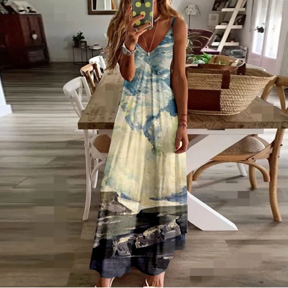 Spring Summer Women V-Neck Painting Printed Sexy Beach Long Maxi Dress Split Sleeveless Clothing Holiday Vestido