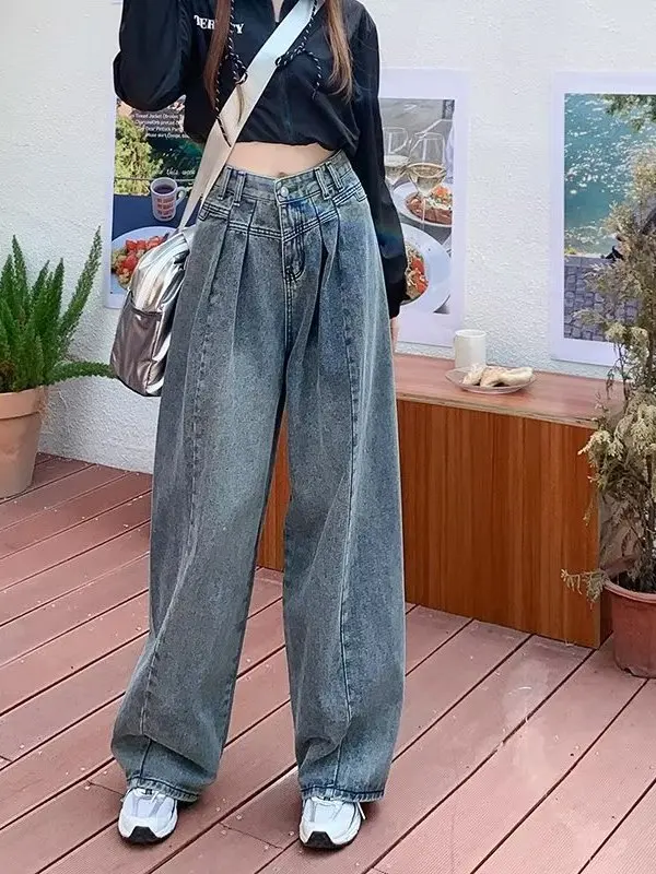 High Waist Wide Leg Denim Jeans Women's Spring Autumn 2026 New Style Slimming Drapey Waist Shaping Pear Shape Loose Retro