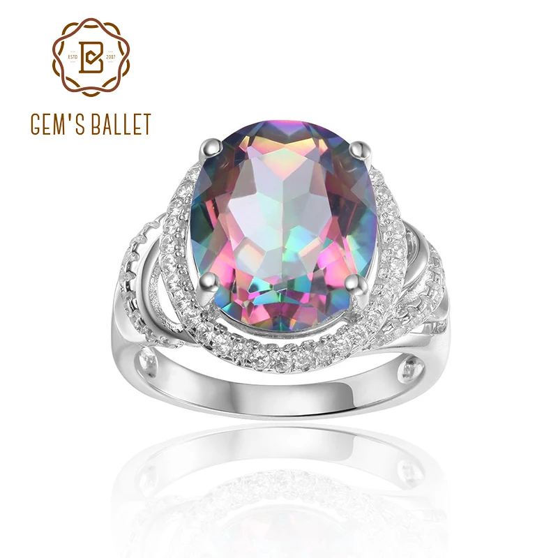 GEM'S BALLET 4.36Ct 10x12mm Stunning Rainbow Mystic Topaz Birthstone Cocktail  Rings in 925 Sterling Silver Gift For Her