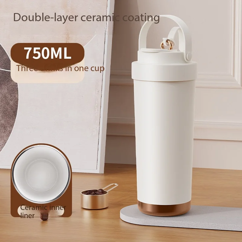 High-looking, large-capacity ceramic liner thermos cup for men and women, student carrying straw, double drinking car coffee cup