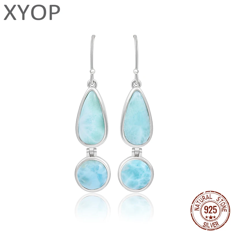 Nowa moda geometria opływowy długi 925 Sterling Silver biżuteria dziewczyna naturalne cenne Larimar kolczyki kobiety
