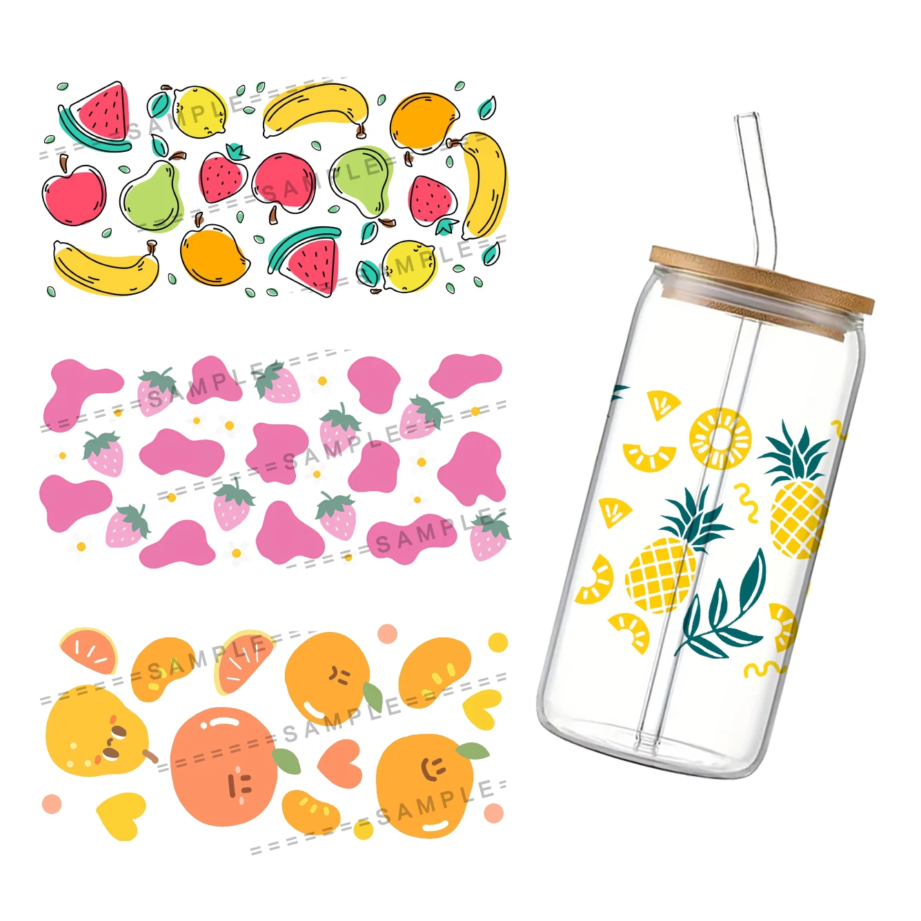 Fragole banane UV DTF Cup Wrap per 16Oz Libbey Glass Can DIY Transfer Sticker modelli di frutta