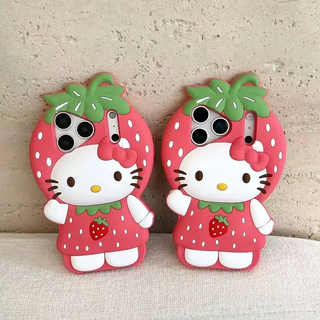 ثلاثية الأبعاد لطيف Ins الفراولة مرحبا كيتي جراب هاتف آيفون 17 16 15 14 13 12 برو ماكس 17 برو آيفون 11 مينيسو لينة غطاء سيليكون