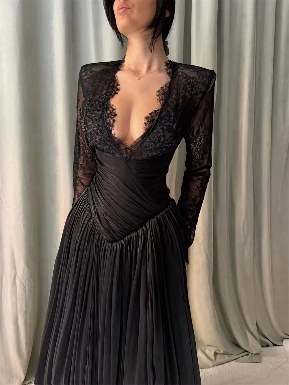 Women Dresses Black Deep V Neck Long Sleeve Evening Dresses Lace Pleated A Line Formal Prom Wedding Party Gowns With Train