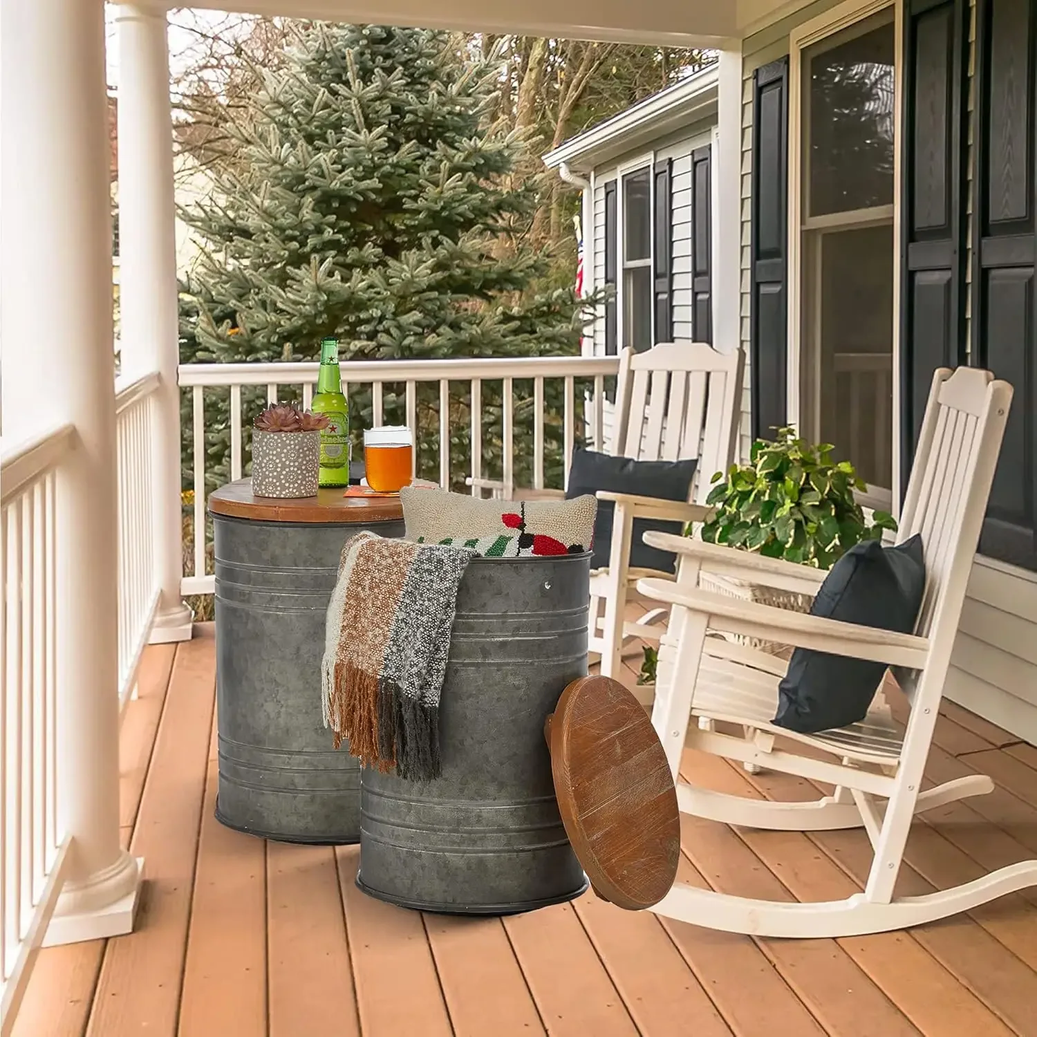 Rustic End Table Set of 2, Farmhouse Galvanized Metal Barrel Ottoman Storage Stool with Round Wood Lid for Living Room