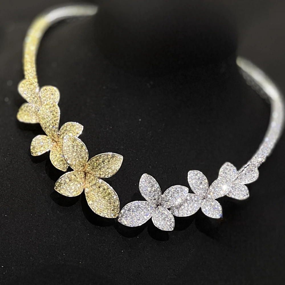 UAE Luxury Fashion 925 Sterling Silver Leaf Flower Blossom Yellow Green CZ Choker Necklace Collar For Women Party Fine Jewelry