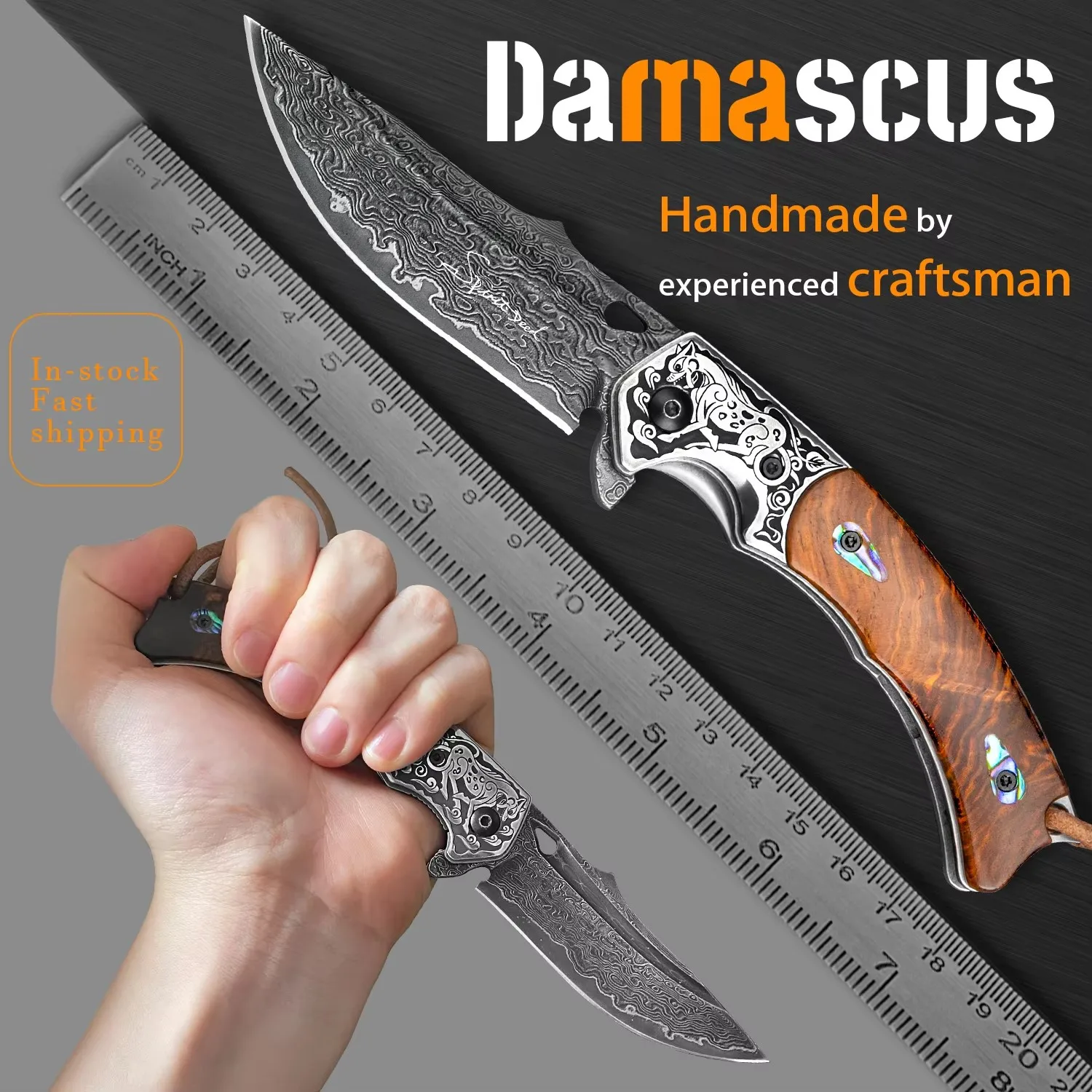 Damascus Folding Pocket Tactical Knife Rosewood and Seashell Handle Portable EDC Knives for Self Defense Survival Collection