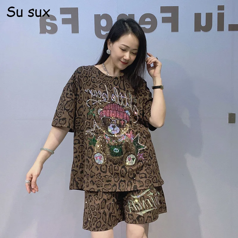 

Leopard Cartoon Bear Short Sleeve T Shirt & Short Pant Sets Woman Outfits Oveesized 2 Piece Set 2026 Summer Outwear Bust120cm