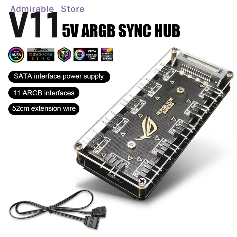 [W]PC Cooler Fan ARGB HUB 1 To 11 5V 3Pin LED Strip Light HUB Adapter SATA Power ARGB Fan Splitter For Computer Case