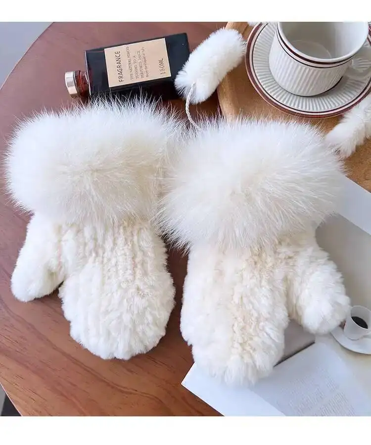 Real Rex Rabbit Fur Gloves For Women Winter Plush Thickened Warm Real Fur Gloves Handmade Knitted Fur Gloves Keep Warm Mittens
