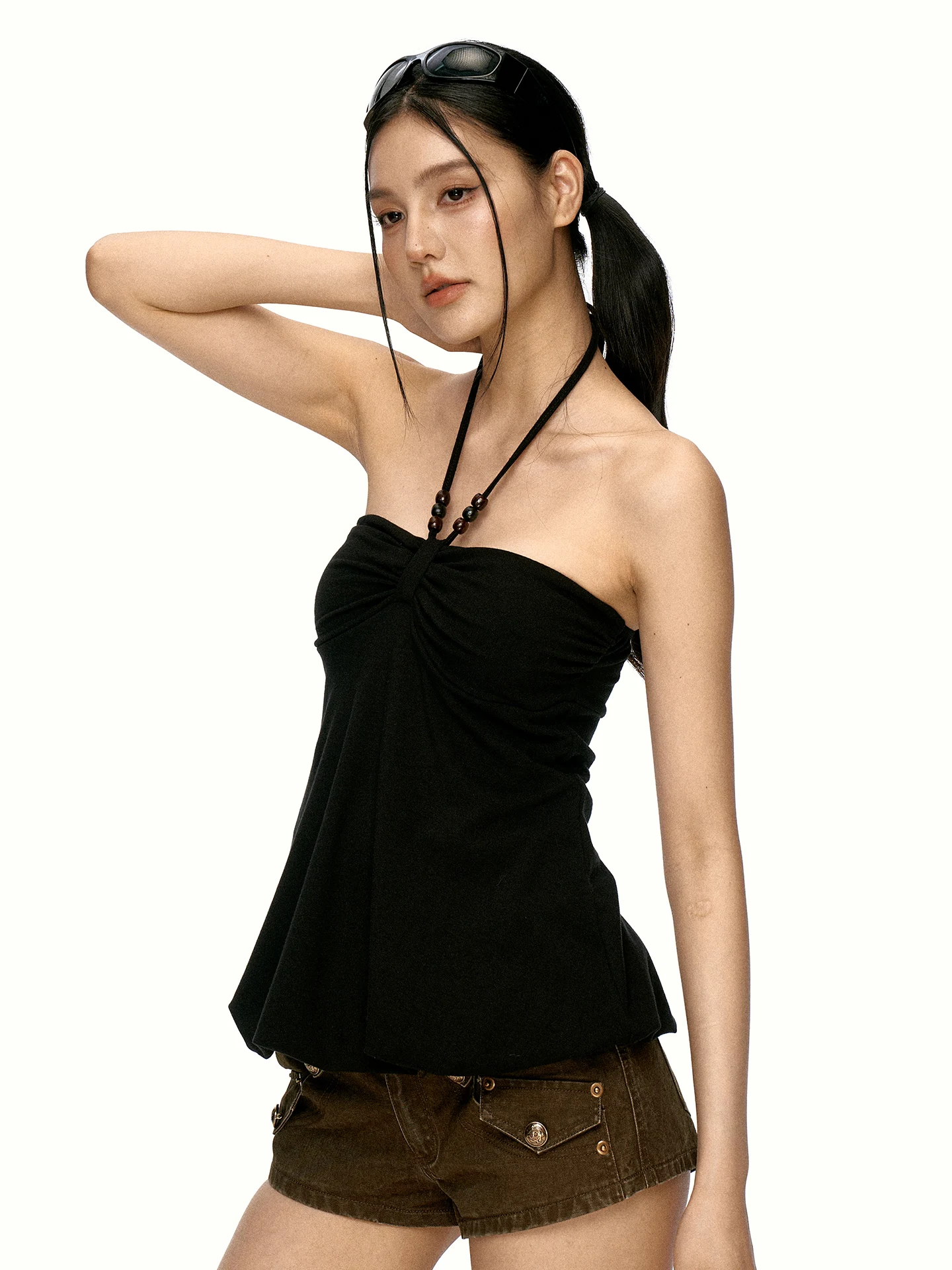 Aaisup Black Hanging Neck Tube Top Vest Women's Summer Design Unique Sleeveless Outerwear Small Shirt Upper Body