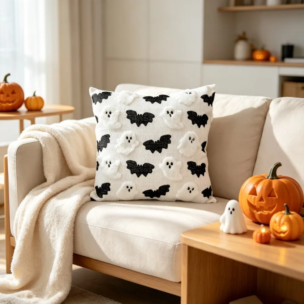 Halloween Throw Pillow Cover Black White Bat Ghost Cushion Cover for Sofa Couch Bedroom Kids Room Home Halloween Party Decor