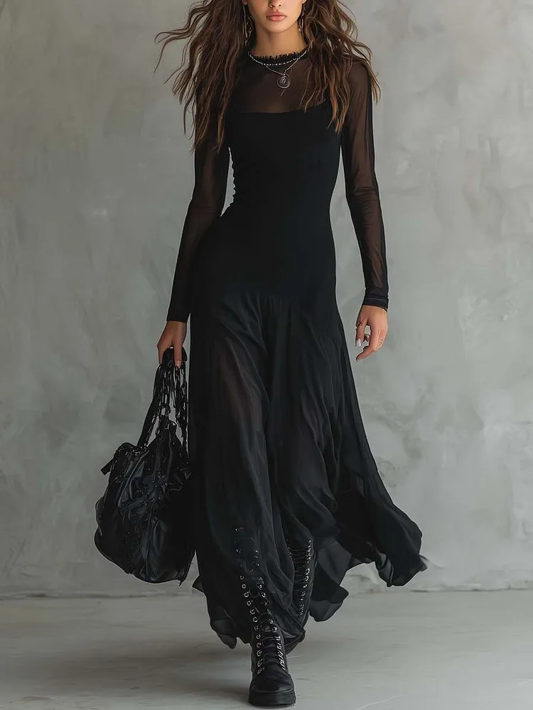 

Long Dress Women's Party Mesh Dress 2026 Spring And Autumn New Style Round Neck Robe Full Sleeve Sexy High Waist A-Line Vestidos