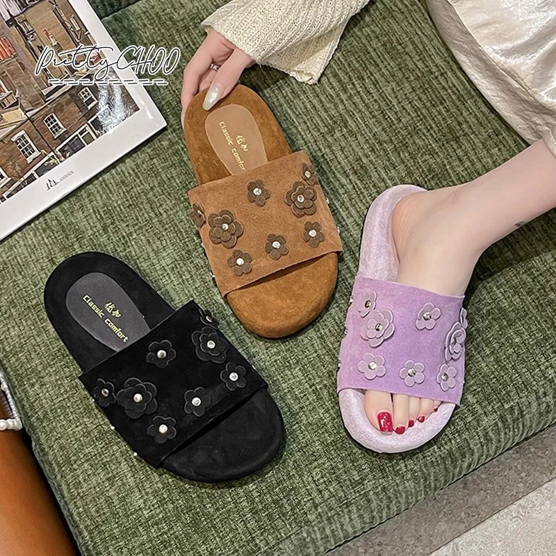 

Genuine Leather Birken Sandals Woman Chic Floral Studs Open Toe Mule Shoes Ladies Outdoor Thick Sole Flower Slippers In Purple