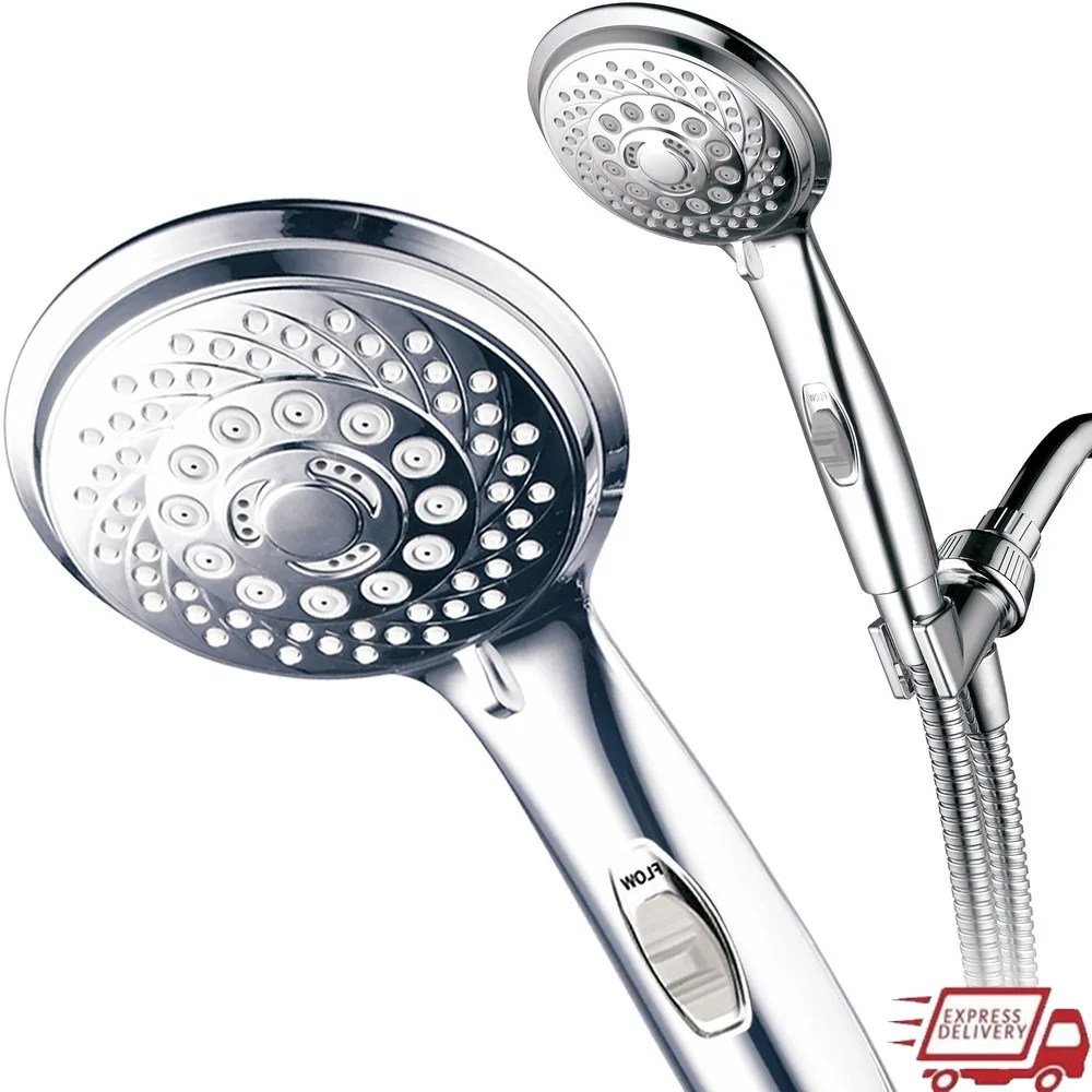 

7-Setting Handheld Shower with Pause Switch Chrome High Power Water-Saving Showerhead Luxurious Flow Patterns Easy Installation