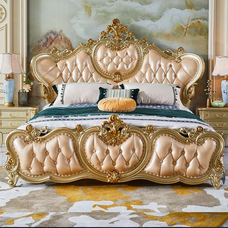 

Leather Princess Headboard Bed Villa Master Carved Wood Frame Floor Bed Luxury Bedroom Muebles Para Dormitorio Nordic Furniture