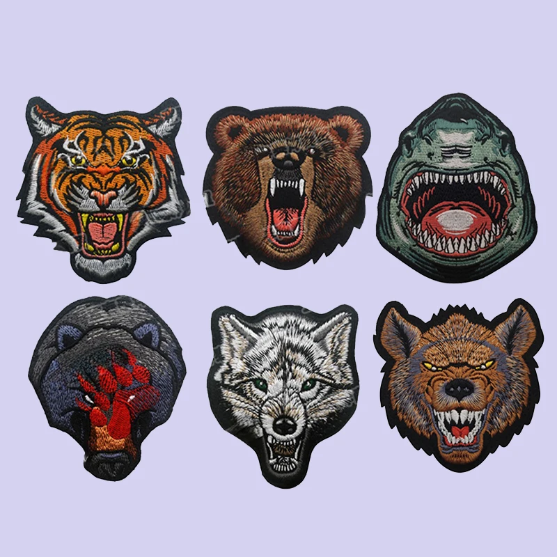 Bear Wolf Shark Hyena Tiger Head 3D Hook and Loop Armband Badge Animal Avatar Embroidered Clothes Patch Backpack Morale Applique