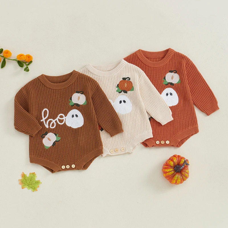 EWODOS Halloween Baby Girl Knit Romper Long Sleeve Crew Neck Pumpkin Ghost Bodysuit Sweater Baby Autumn Clothes for Casual Daily