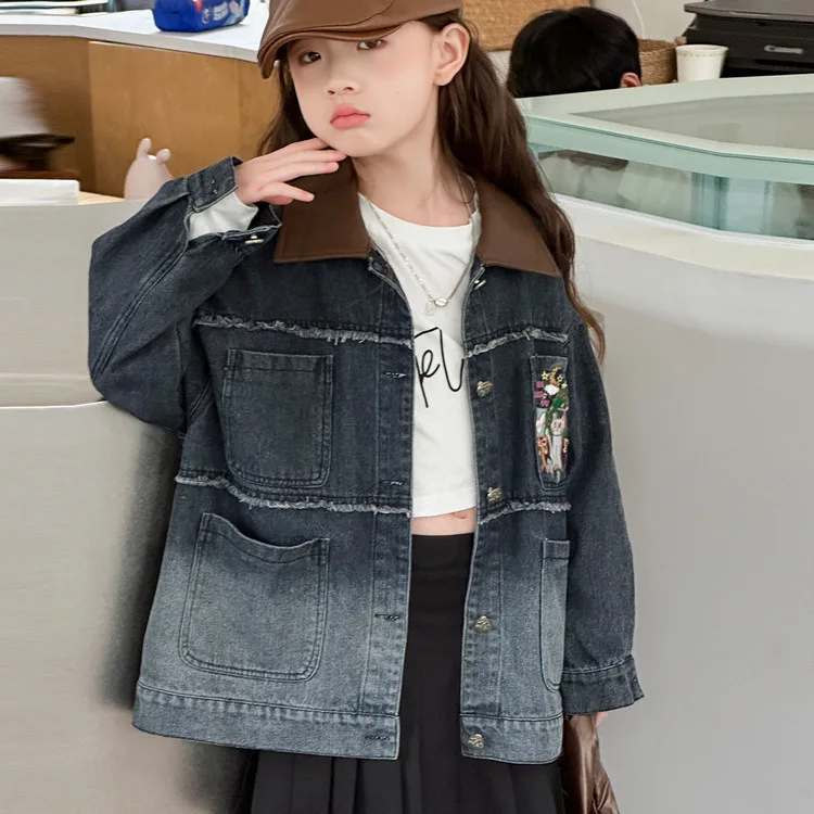 Girls Coat Lapel Cowboy Coat Girl Autumn 2024 New Explosive American Retro Port Style Korean Simple Style Fashion Coat Clothes