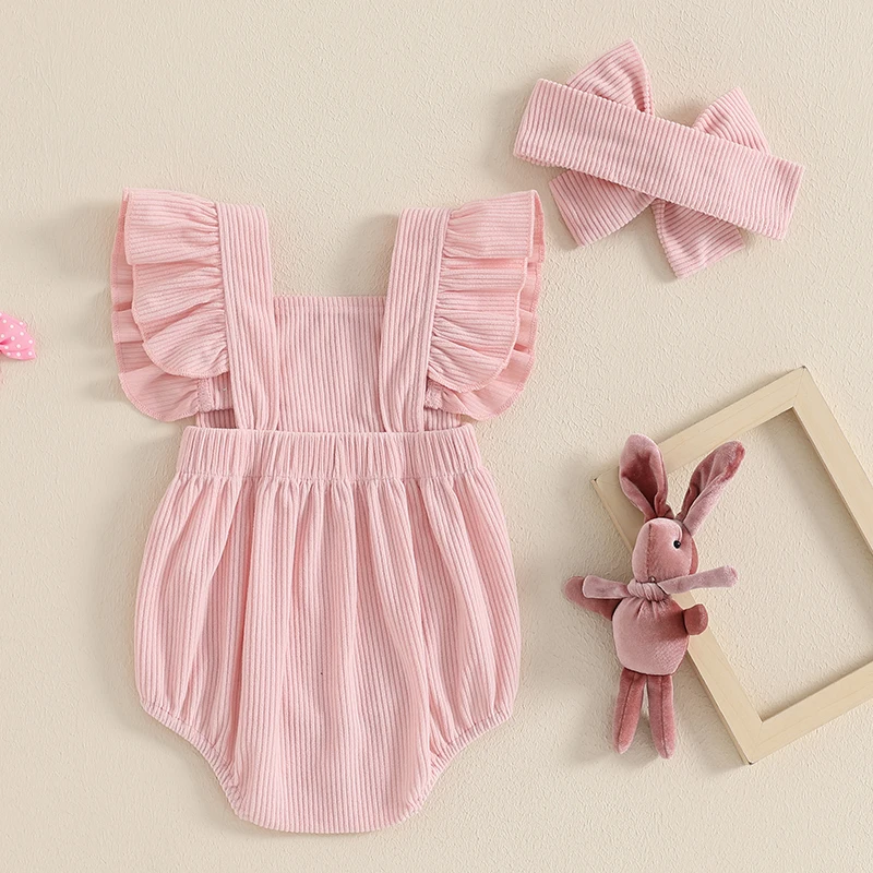 Baby Girls Rompers Easter Clothes Rabbit Embroidery Fly Sleeve Infant Bodysuits Jumpsuits with Headband