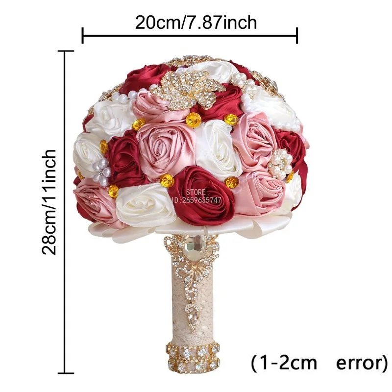 Amazon Bridal Satin Red Rose Gold Rhinestone Bouquet, Heavy Industry Bridal Wedding Bouquet Wholesale